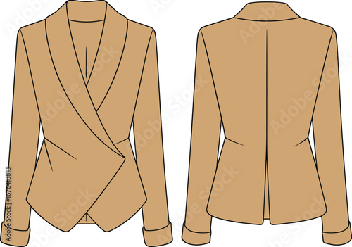 Shawl collar women’s blazer flat sketch with folded cuffs, front and back technical cad drawing, fashion apparel vector illustration