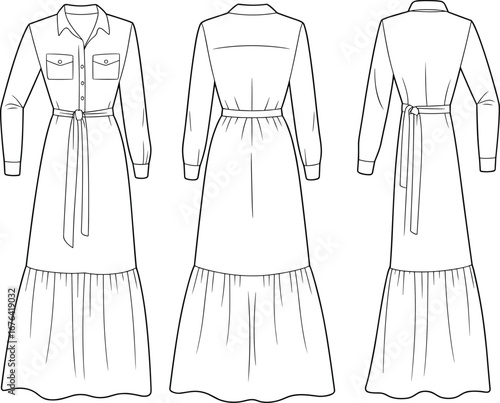Shirt collar maxi dress flat sketch with belt, front and back views, buttoned bodice, long sleeves, CAD vector illustration