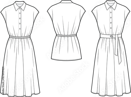 Shirt collar midi dress fashion flat sketch with waist belt, button-down front, cap sleeves, back view and detailed design