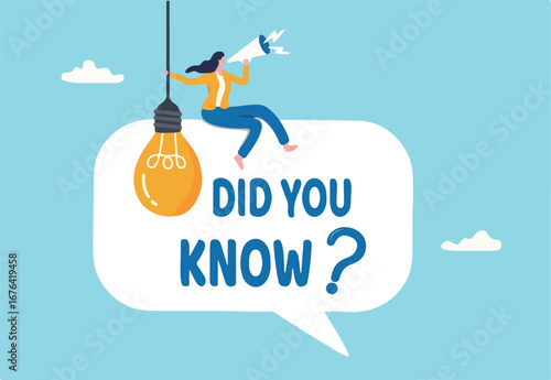 Did you know, fun fact, idea or advice message, useful knowledge or wisdom, expert information, explanation or solution, useful tips concept, woman talk on megaphone on did you know speech bubble.