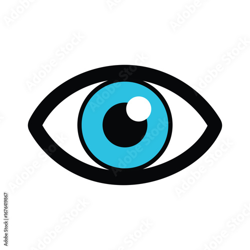 Isolated cyan eye with black outline and white reflection on a white background
