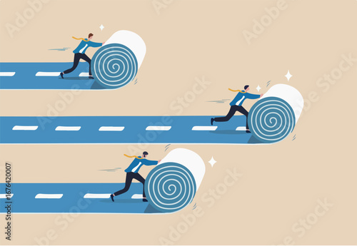 Career path development, effort or motivation to lead to success, business competition, efficiency or productivity, employee performance concept, businessman roll career road to create success path.