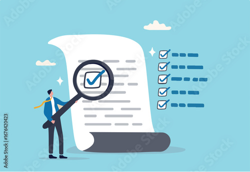 Inspect or review document, report or legal audit, quality assurance, search for document, information or research, investigate, proof or checking concept, businessman with magnifier inspect document.