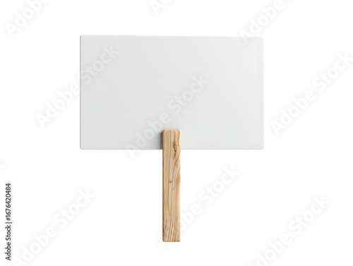 Blank white sign with wooden stick isolated on transparent background.