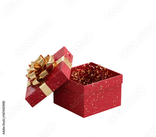 Open red gift box with gold ribbon