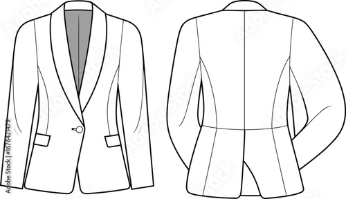 Single button fitted blazer, front and back view, fashion cad sketch, tailored jacket vector, womenswear template, technical flat drawing