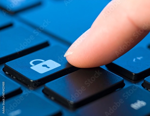 Finger pressing a lock icon key on a dark blue keyboard