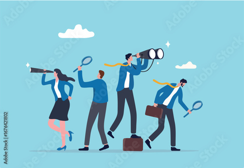 Search opportunity, finding new job, inspection or research, SEO or analyze for optimization, inspect or looking for future, career development concept, business people with binoculars, telescope.