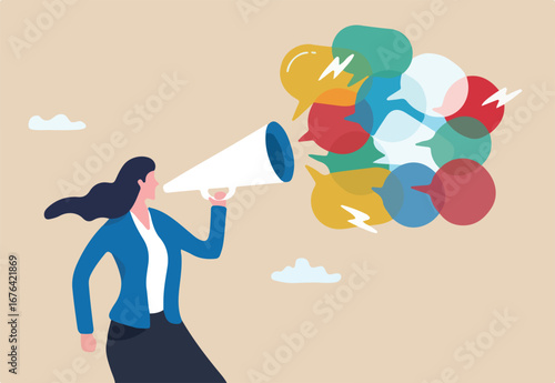 Speak out, voice or message to communicate, dialogue or debate conversation, talk or shout message, advice or announcement concept, businesswoman talk on megaphone with speech bubble voice message.