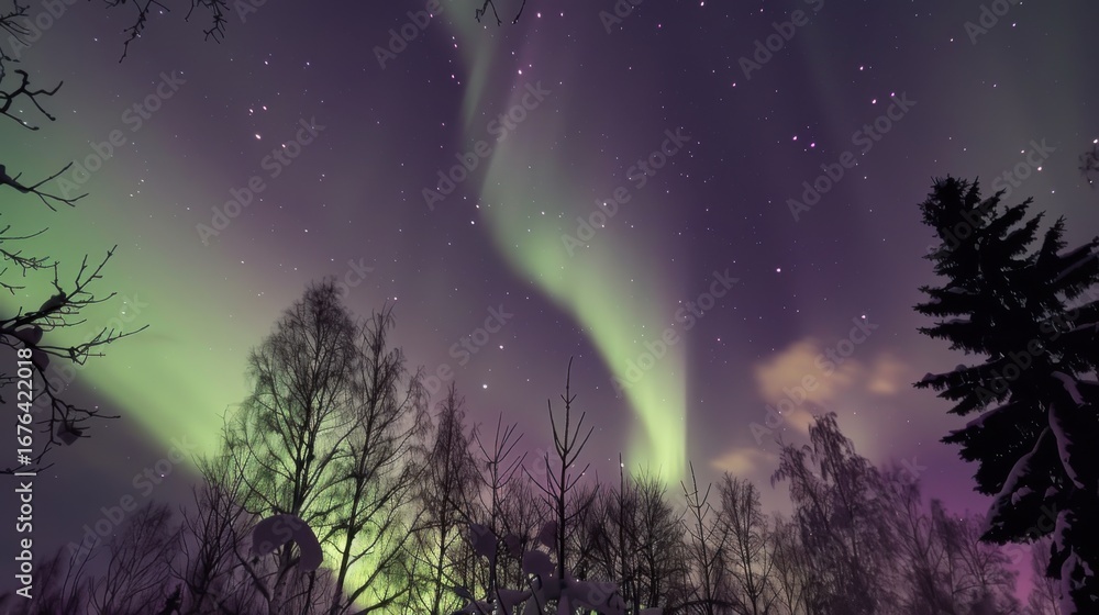 Naklejka premium Aurora Borealis Wallpaper: Glowing Green & Blue Northern Lights Over Arctic Night Sky