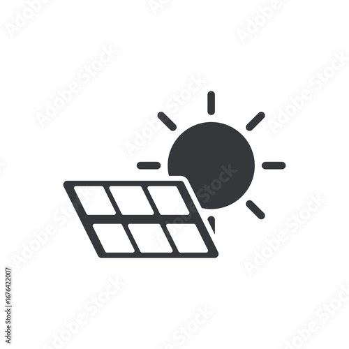 Isolated pictogram solar panel and sun, solar powered electric, symbolizing renewable solar electricity, alternative power source, sustainable energy.