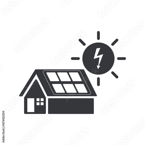 Isolated pictogram house, solar panel and sun, solar powered electric, symbolizing renewable solar electricity, alternative power source, sustainable energy.