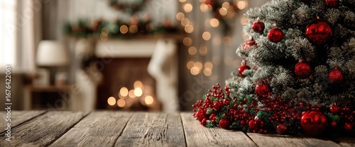 Christmas scene with a blurred living room background, a wooden table, a small Christmas tree, and red ornaments