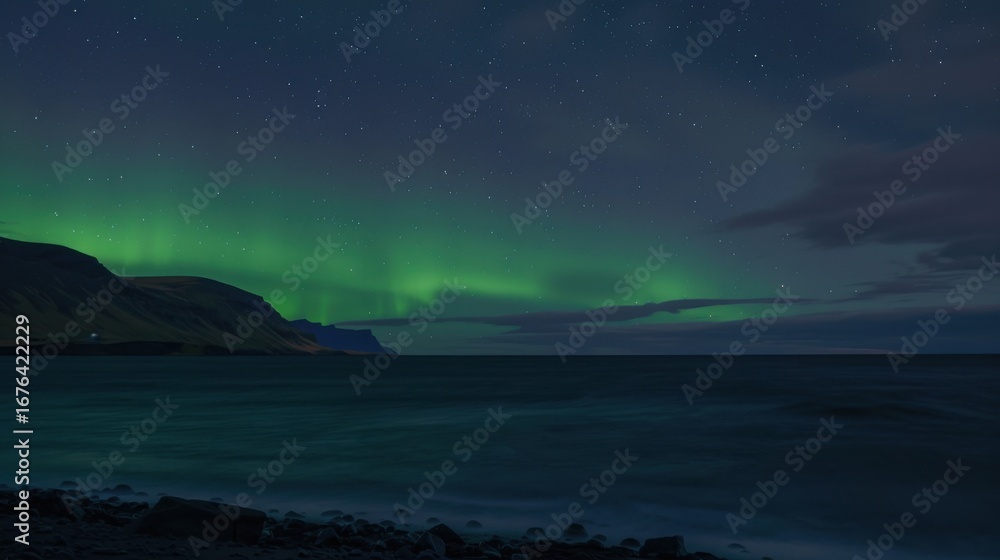 Fototapeta premium Aurora Borealis Wallpaper: Glowing Green & Blue Northern Lights Over Arctic Night Sky