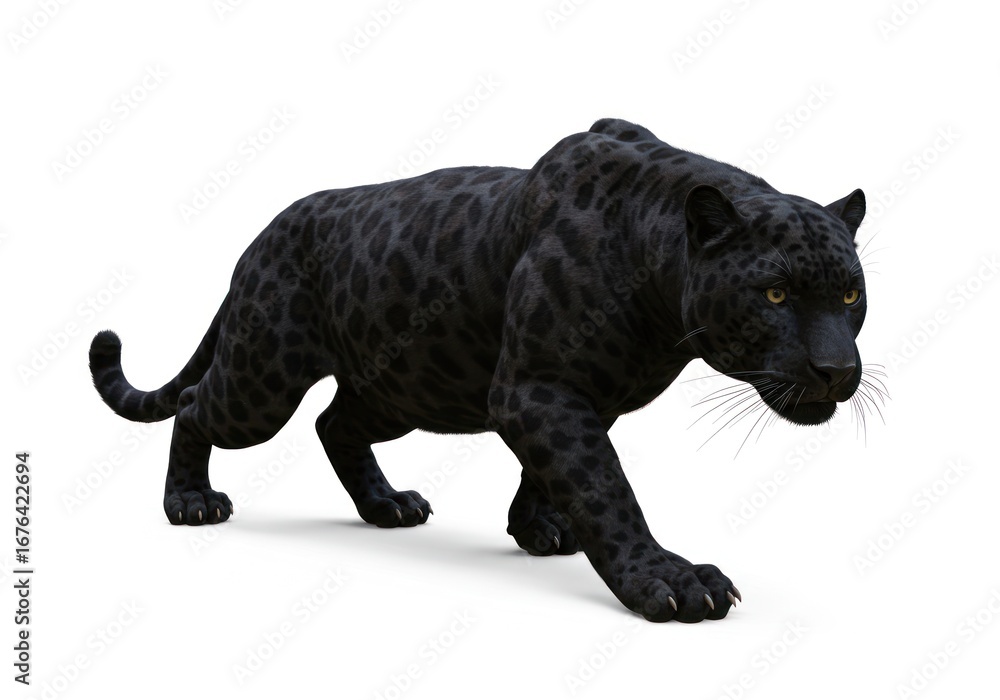 Fototapeta premium Black Panther Walking in White Background with Intense Expression