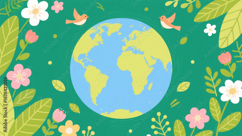 Fototapeta premium Warm and environmentally friendly theme, hand-painted earth, surrounded by flowers, green leaves and birds
