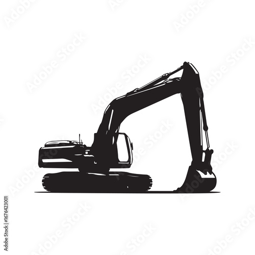 Silhouette of a HeavyDuty Excavator with Bucket Visible on White Background