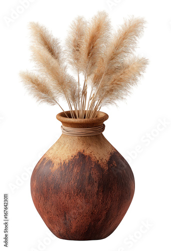 A terracotta vase filled with pampas grass