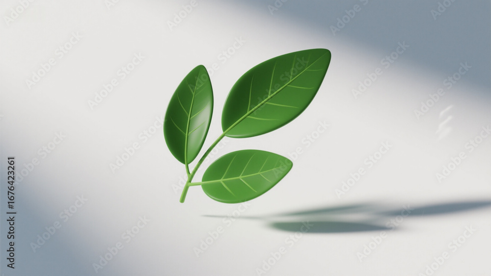 Fototapeta premium 3D green leaves floating on a white background, with realistic light and shadow, and minimalist three-dimensional effect