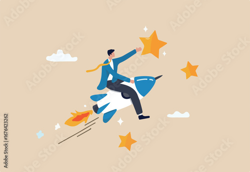 Success achievement, boost growth development to reach target, leadership to win business challenge, startup, entrepreneur or ambition to win, businessman riding fast rocket to reach success star.