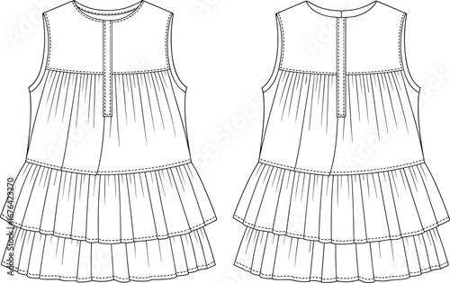 Sleeveless tiered dress, girls summer wear, pleated yoke design, fashion flat sketch, technical vector drawing, front back view, CAD