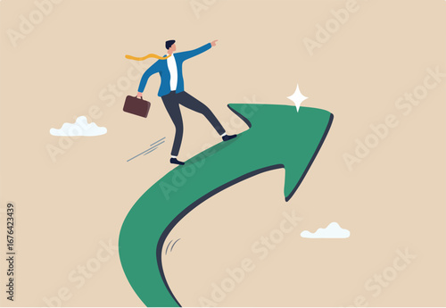 Increase business success, financial achievement, challenge or work performance, upward or rising expertise employee concept, confidence businessman ride upward rising success arrow upward direction.
