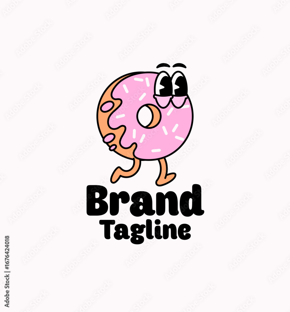 Fototapeta premium Hand drawn vector illustration of a walking donut mascot with pink frosting, sprinkles, and cartoon eyes. Fun and colorful logo design concept suitable for bakery, dessert shop