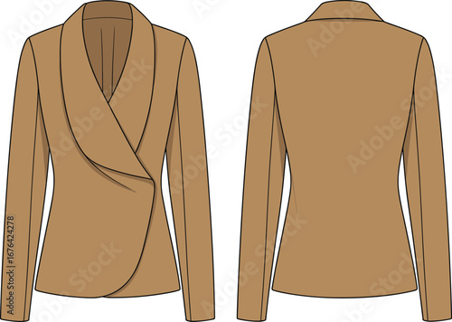 Stylish asymmetric blazer with draped lapel, long sleeves, fitted waist, technical flat sketch, CAD drawing flat vector illustration