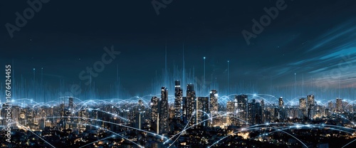 Night city skyline, interconnected by digital network