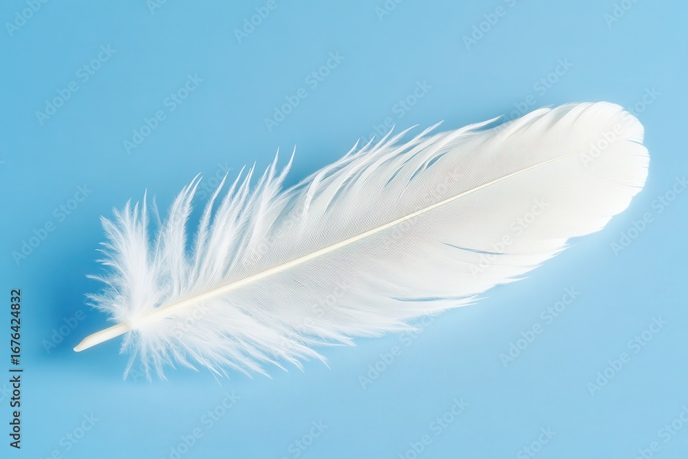 Obraz premium A soft white feather lays on a pastel blue background. It can be used for designs about dreams or softness.