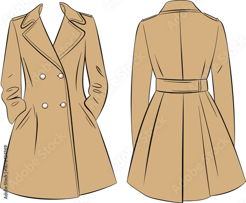 PStylish trench coat flat sketch, double breasted fashion design, long sleeve outerwear, front and back technical CAD drawing illustration