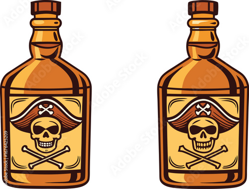 Two cartoon bottles of pirate rum with skull and crossbones labels on a white background
