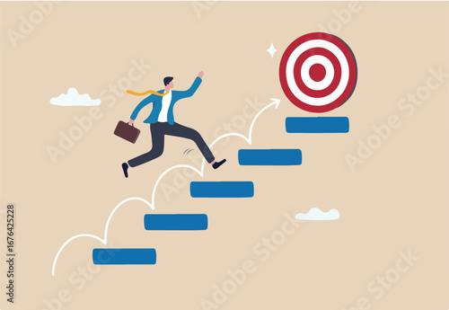 Step or progress to success and reach goal target, leadership to improve personal development, ladder or staircase to achieve goal, aspiration or career path, businessman run up stair to success.