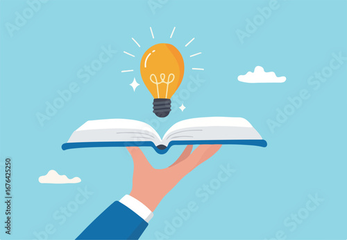 Knowledge or education, study or learning new skill, creativity or idea, reading book for inspiration, discover solution or literature, wisdom concept, hand hold open book to discover lightbulb idea.