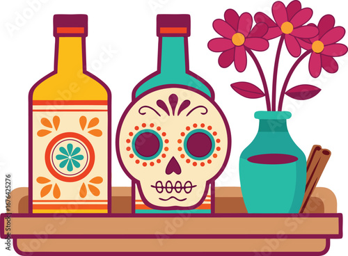 Dia de los muertos celebration still life with tequila bottle sugar skull and flowers in a vase