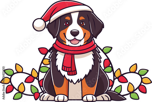 Adorable bernese mountain dog wearing a santa hat and scarf surrounded by colorful christmas lights