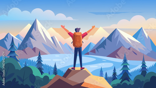 Person with backpack on mountain top with arms raised