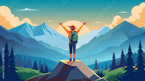 Person with backpack standing on mountain top view