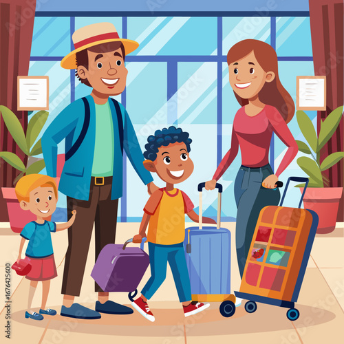 Cartoon family with luggage at airport terminal window