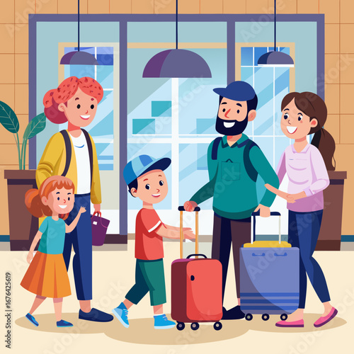 Family with luggage arriving at the airport terminal