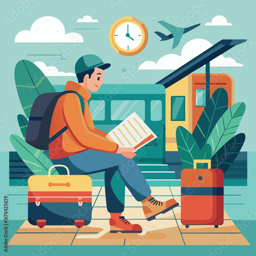Man reading at train station with luggage and airplane