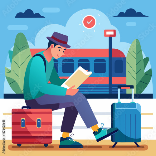 Man reading a book while waiting for the train travel