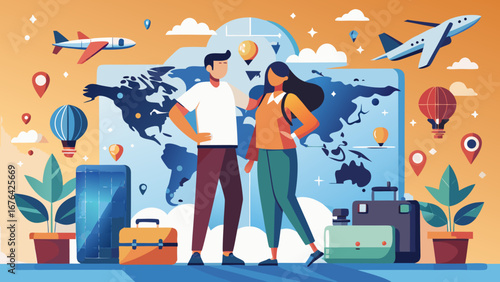 Couple planning travel with map and suitcases illustration