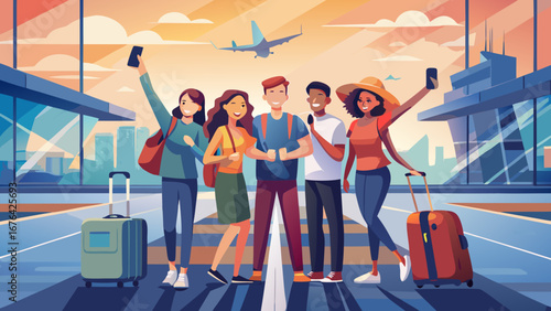 Group of travelers taking selfies at the airport gate
