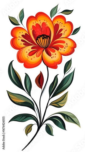Folkloric Painting with Orange, Red Flower and Green Leaves on White Background