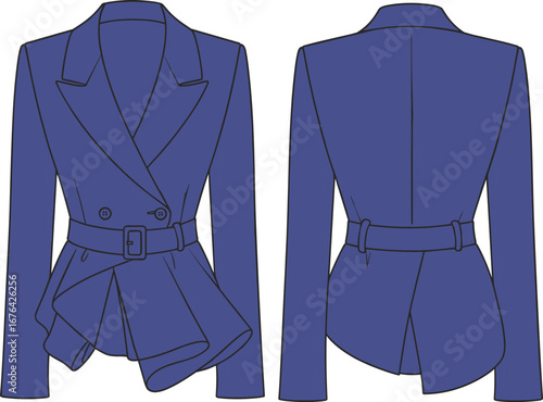 Stylish women’s double-breasted blazer with belted waist, asymmetrical ruffle hem, long sleeves, CAD technical flat vector illustration