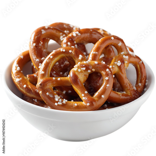 Bowl of salty pretzels isolated on transparent background.
