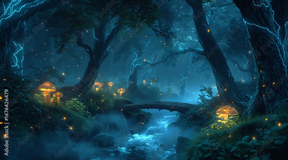 Fototapeta premium Mystical Night in an Enchanted Forest with Glowing Mushrooms and Fireflies