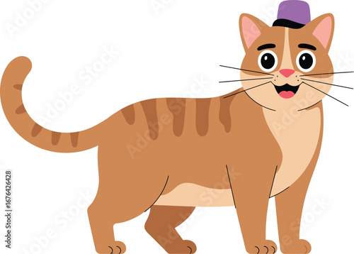 Adorable ginger cat wearing a purple hat