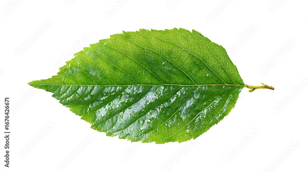 Obraz premium Fresh Green Leaf Closeup with Water Droplets Isolated on a White Background